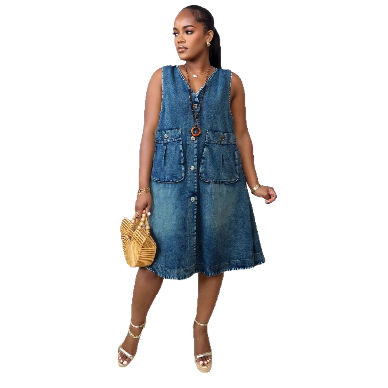 Robe en jean mi-longue décontractée et pratique à double poche