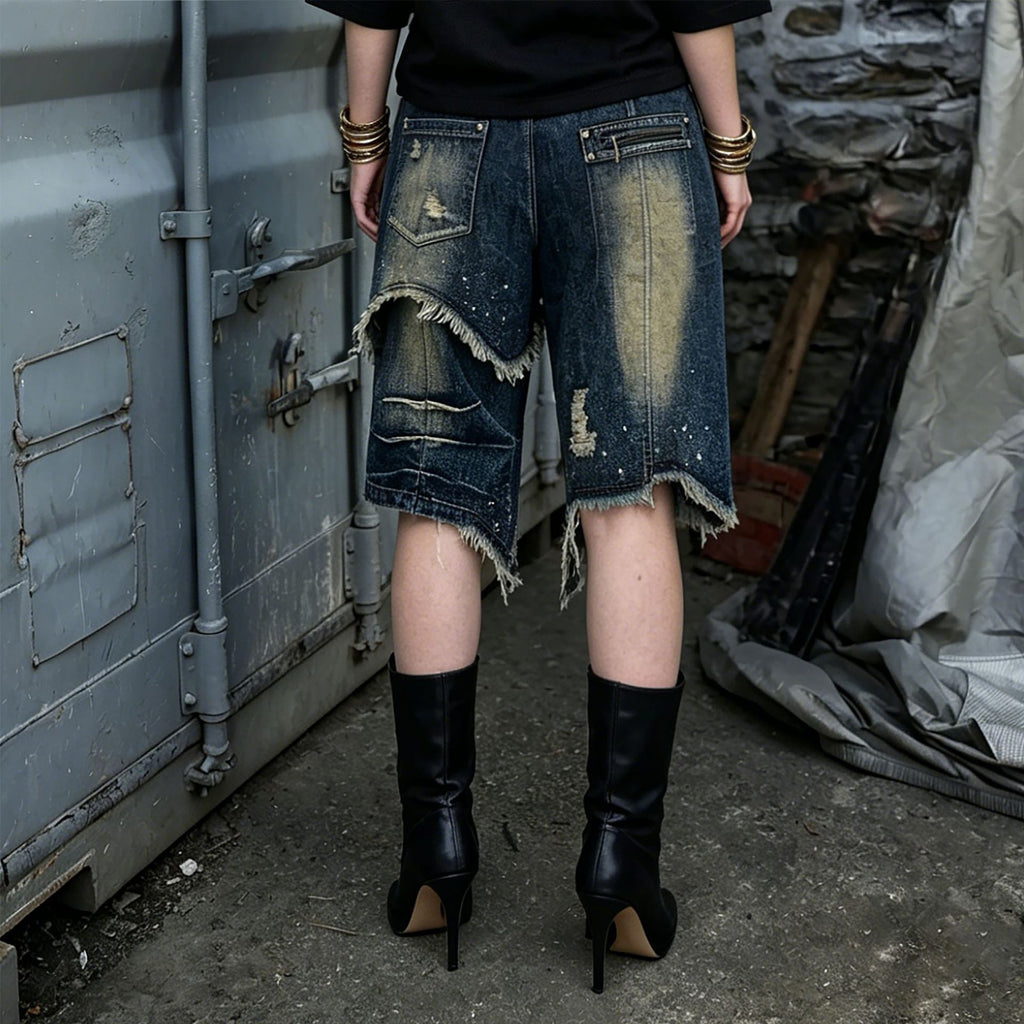 Asymmetric Frayed-Hem Denim Shorts