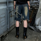 Asymmetric Frayed-Hem Denim Shorts