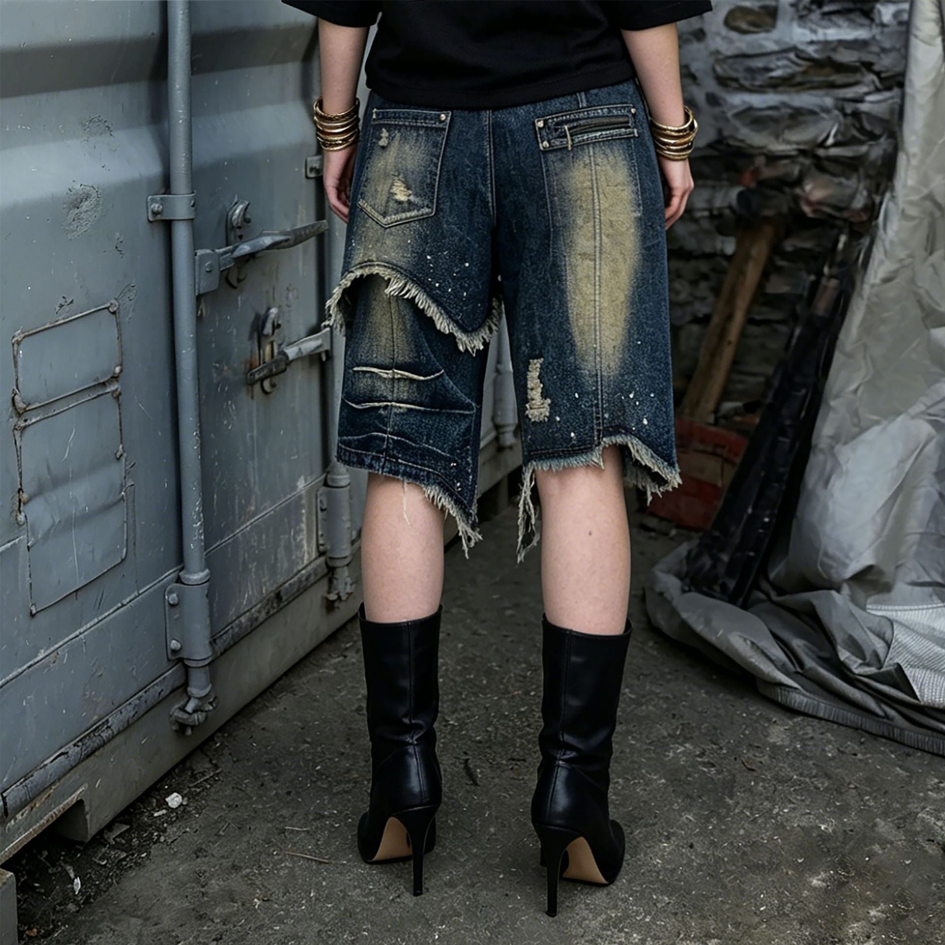 Asymmetric Frayed-Hem Denim Shorts