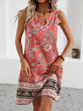 Elegante vestido sin mangas con estampado floral y cuello en U, con detalle de anillo, vestido de verano de largo medio