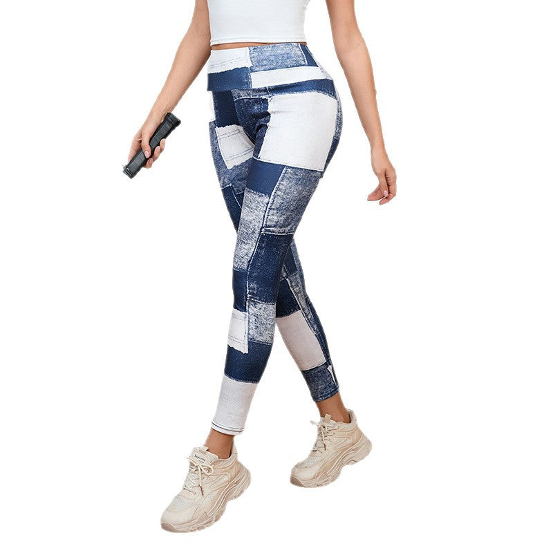 Pantalones de yoga de fitness ajustados con control de abdomen y cintura alta, con estampado de duraznos a cuadros tipo mezclilla