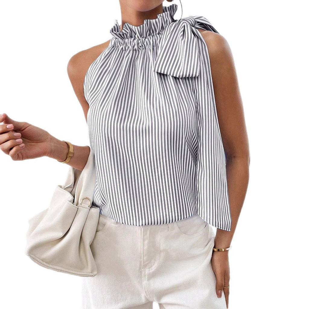 Haut t-shirt décontracté sans manches rayé à col montant orné de dentelle et noué