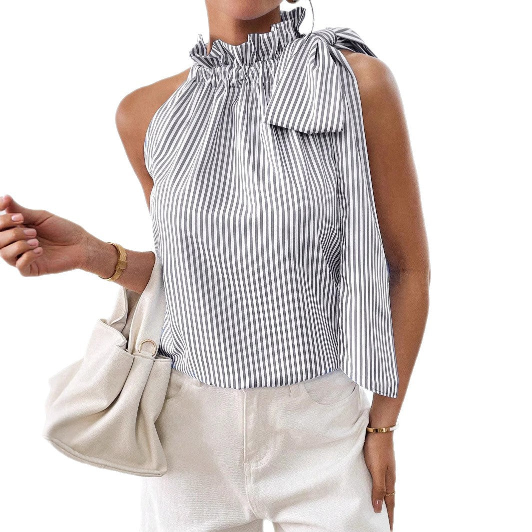 Haut t-shirt décontracté sans manches rayé à col montant orné de dentelle et noué