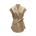 Gilet sans manches en similicuir pour femme, avec col tailleur et ceinture