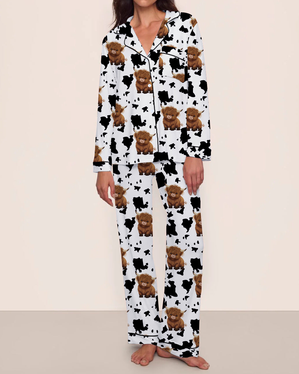 Cow-Print Long Pajama Set
