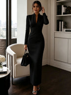 Stand-Collar V-Neck Evening Maxi Dress — product image 11