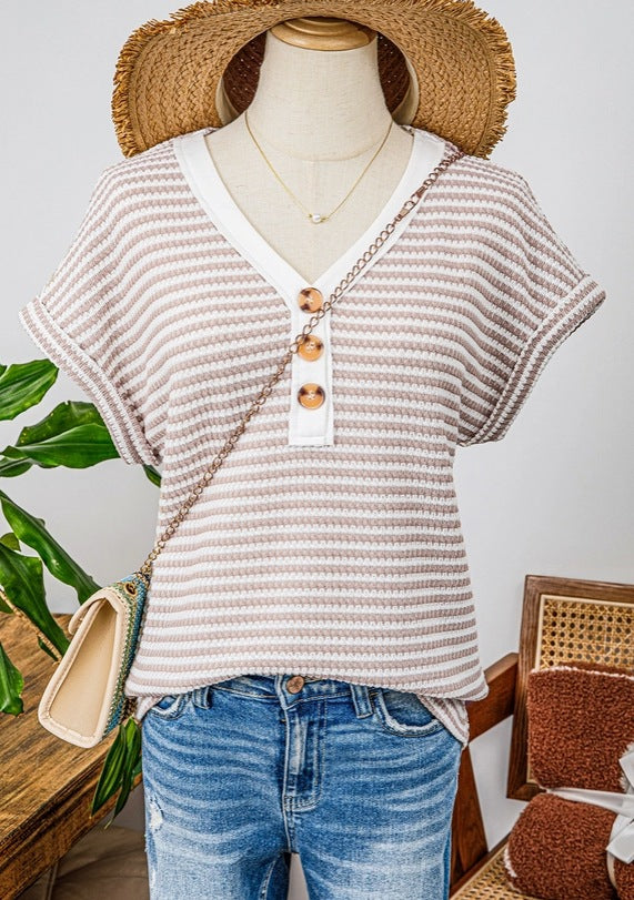 V-Neck Button Short-Sleeve Top