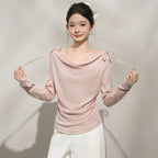Haut chic rose à épaules dénudées et manches longues pour femme, couche intérieure à encolure asymétrique
