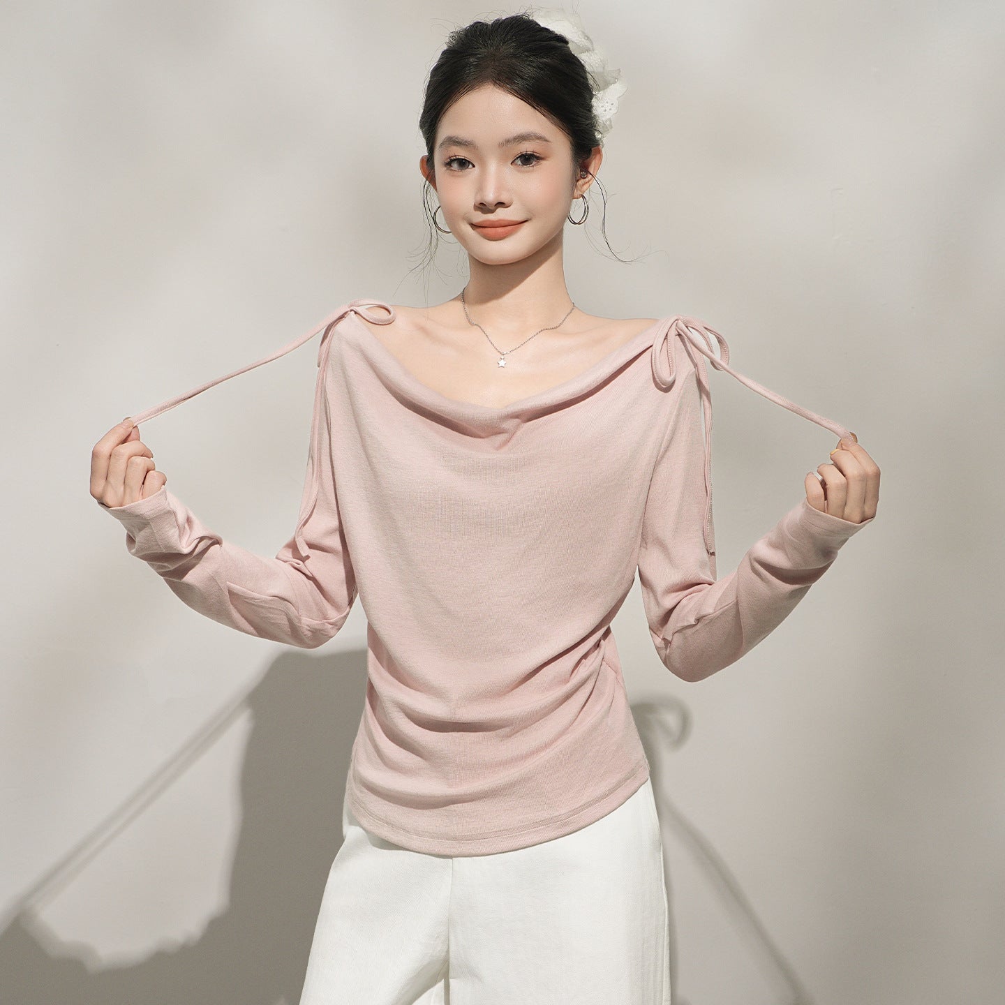Haut chic rose à épaules dénudées et manches longues pour femme, couche intérieure à encolure asymétrique