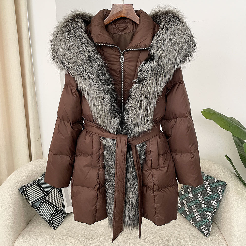 Hooded Down Jacket with Fox Fur Collar - view 16