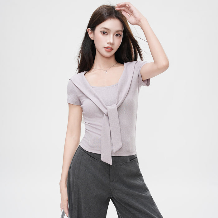 Cape-Layer V-Neck Crop Top