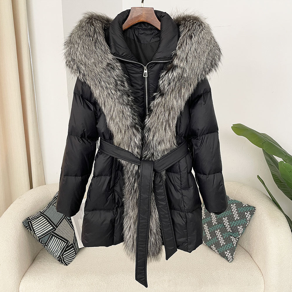 Hooded Down Jacket with Fox Fur Collar - view 6