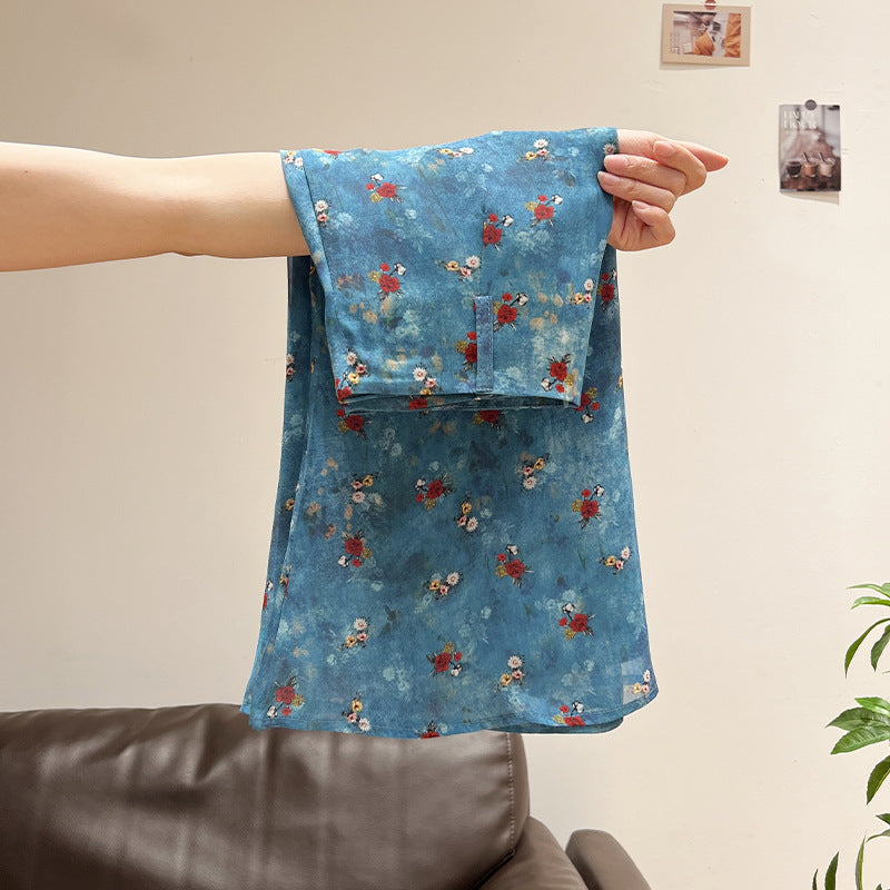 Jupe midi en mousseline fleurie bleue pour femme, taille haute, coupe ajustée