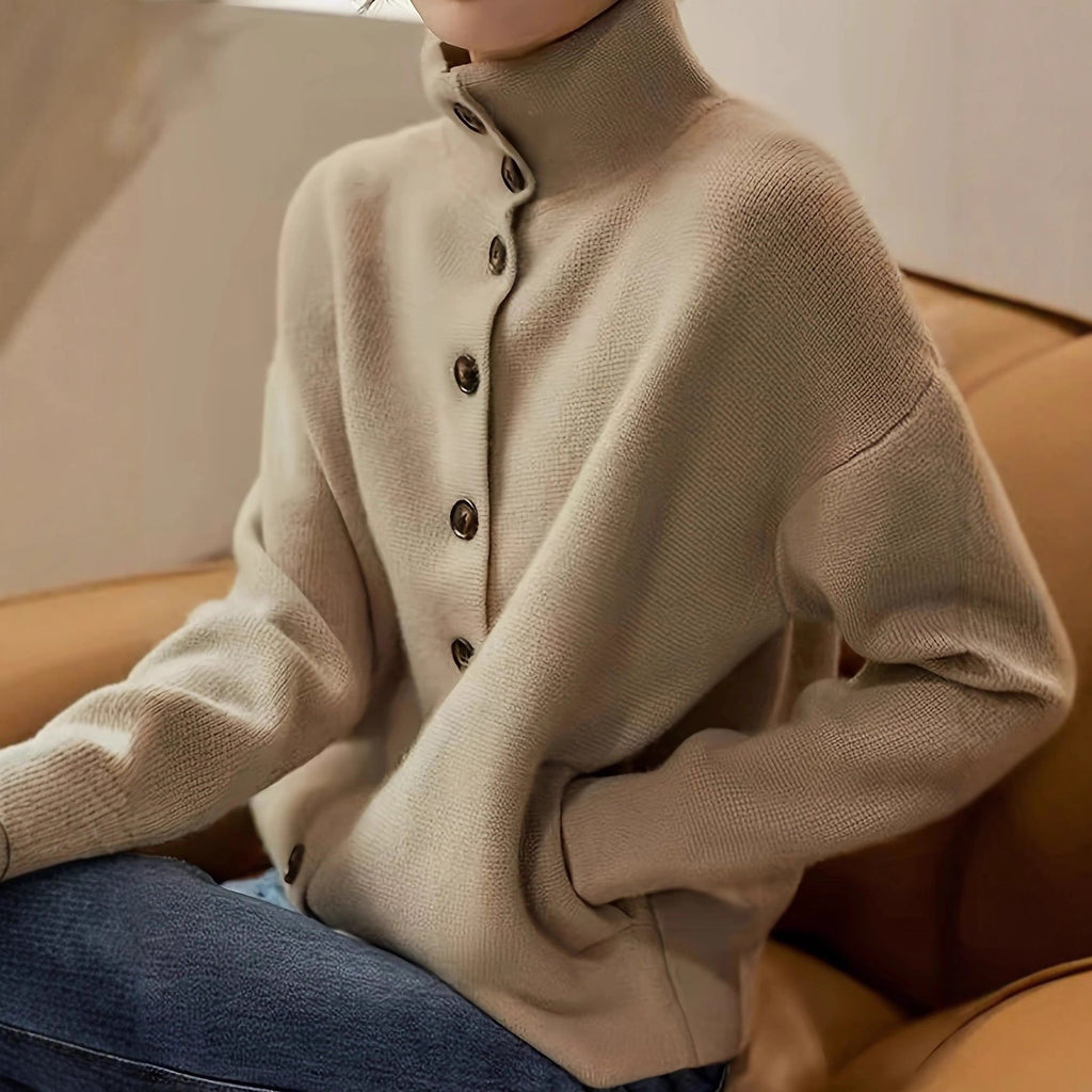 Stand-Collar Single-Button Knit Cardigan