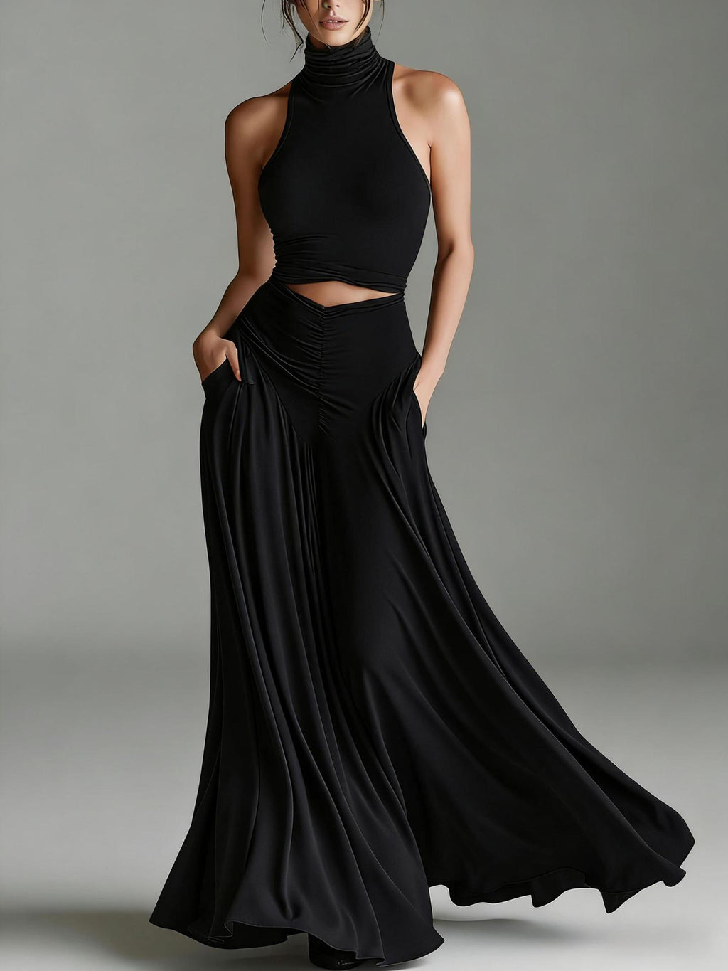 Ensemble deux pièces style top sans manches col montant et élégante robe longue