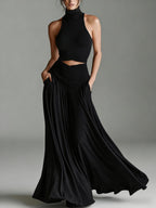 Ensemble deux pièces style top sans manches col montant et élégante robe longue