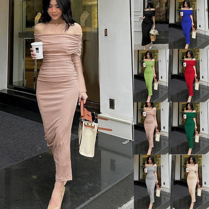 One-Shoulder Pleated Maxi Dress