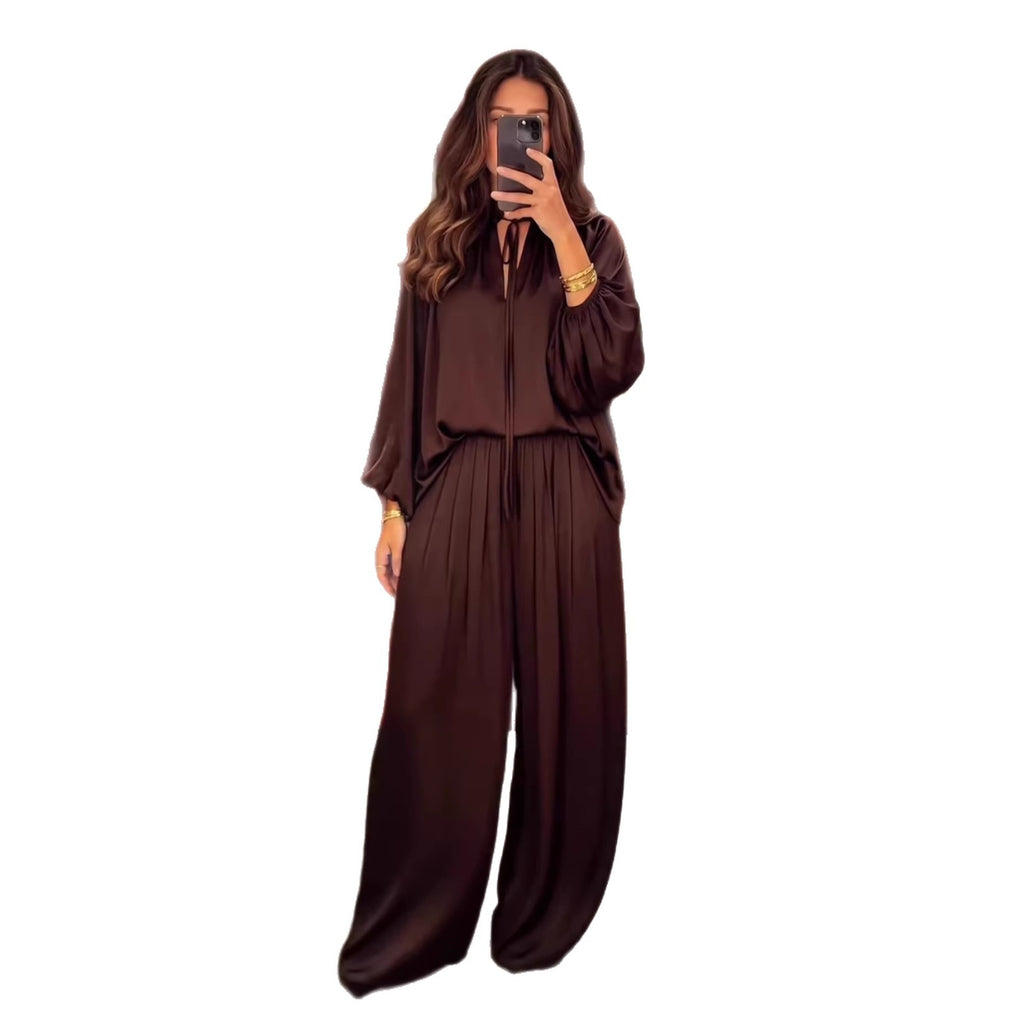 Conjunto de pantalón holgado con cuello en V y cordones de color liso