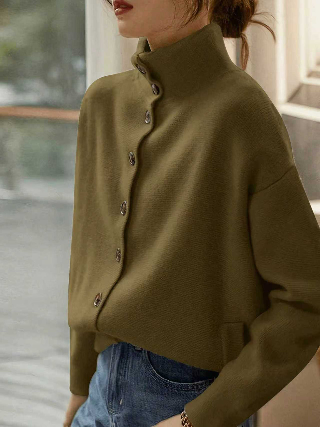 Stand-Collar Single-Button Knit Cardigan - view 8