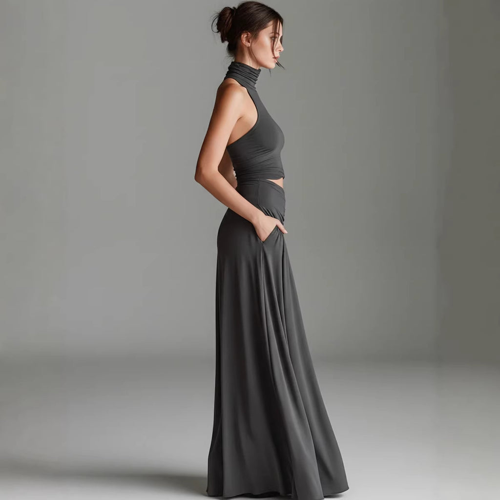 Ensemble deux pièces style top sans manches col montant et élégante robe longue