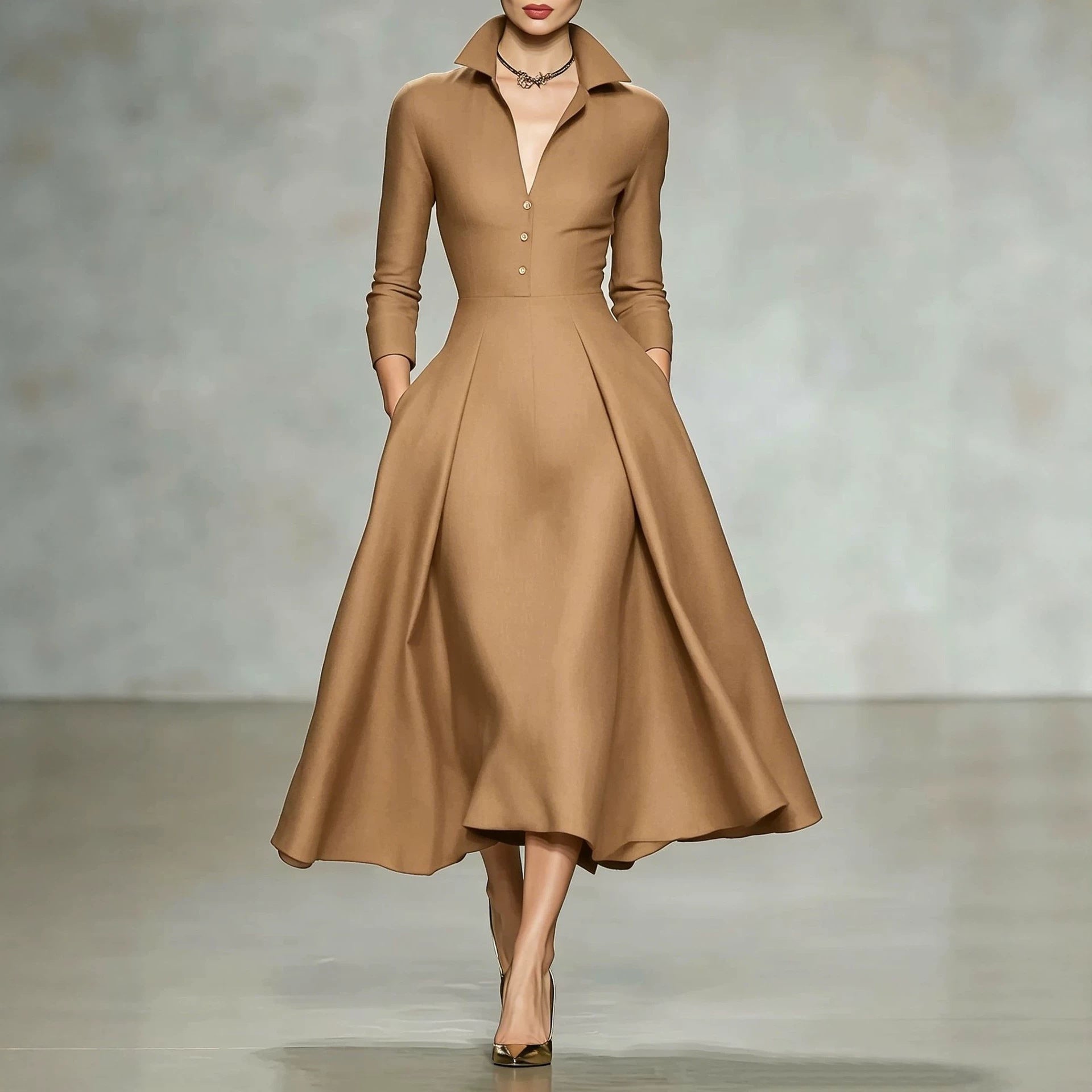 V-Neck Cinched-Waist Long-Sleeve Dress