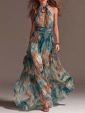 Ink-Print Halter Maxi Dress in Green - view 4