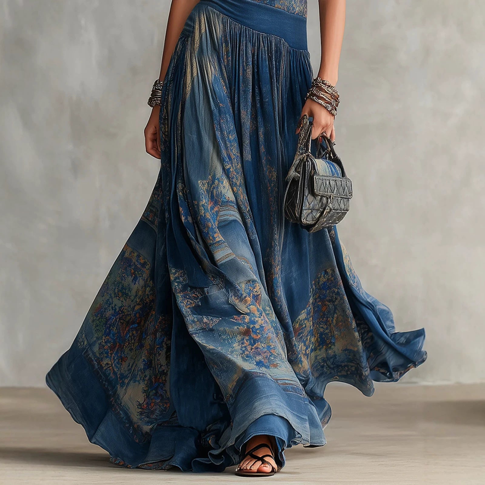 Robe sans manches imprimée avec élégante jupe ronde évasée