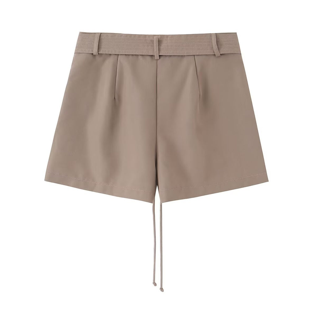 Pleated Drawstring-Waist Shorts in Camel - view 2