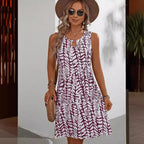Elegante vestido sin mangas con estampado floral y cuello en U, con detalle de anillo, vestido de verano de largo medio