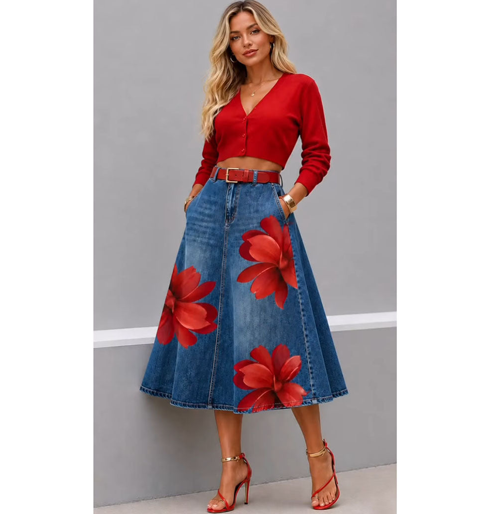 Floral Washed-Denim Midi Skirt — product image 12