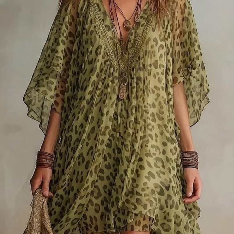 Leopard-Print Chiffon Beach Cover-Up in Green - view 3