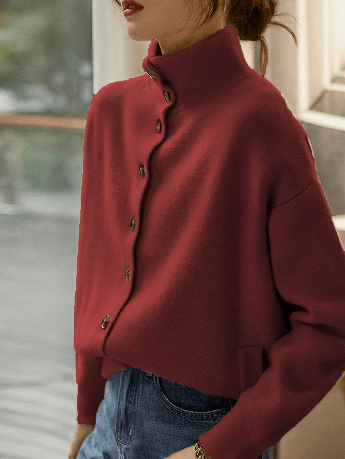 Stand-Collar Single-Button Knit Cardigan - view 6