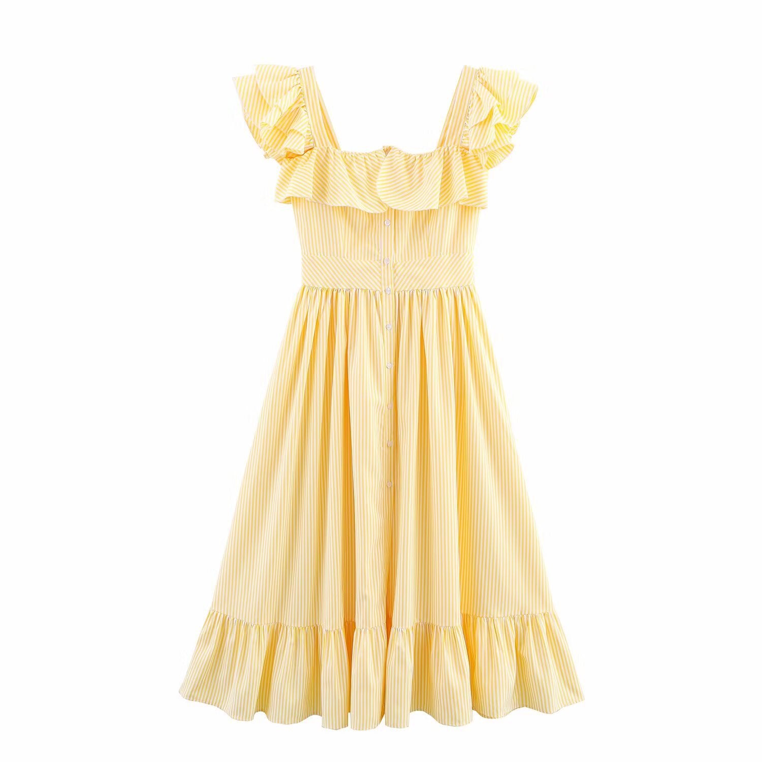 Robe rayée cintrée à simple boutonnage et volants