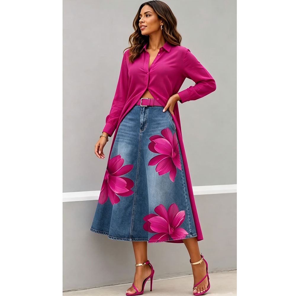 Floral Washed-Denim Midi Skirt — product image 4