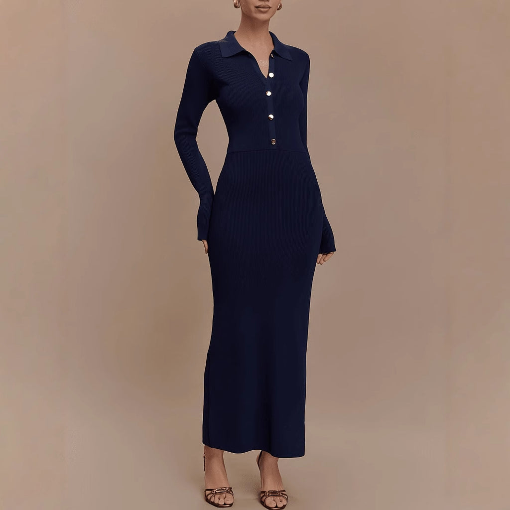 Button-Front Collared Knit Dress