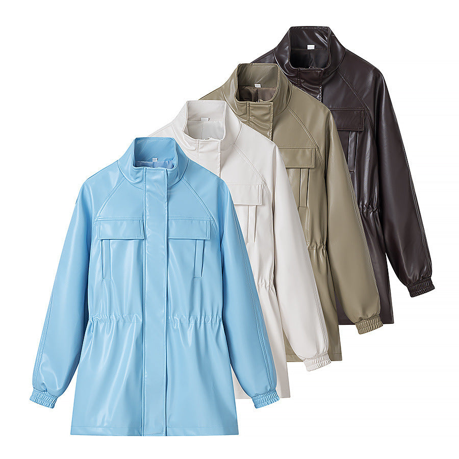 Stand-Collar Belted Faux-Leather Jacket