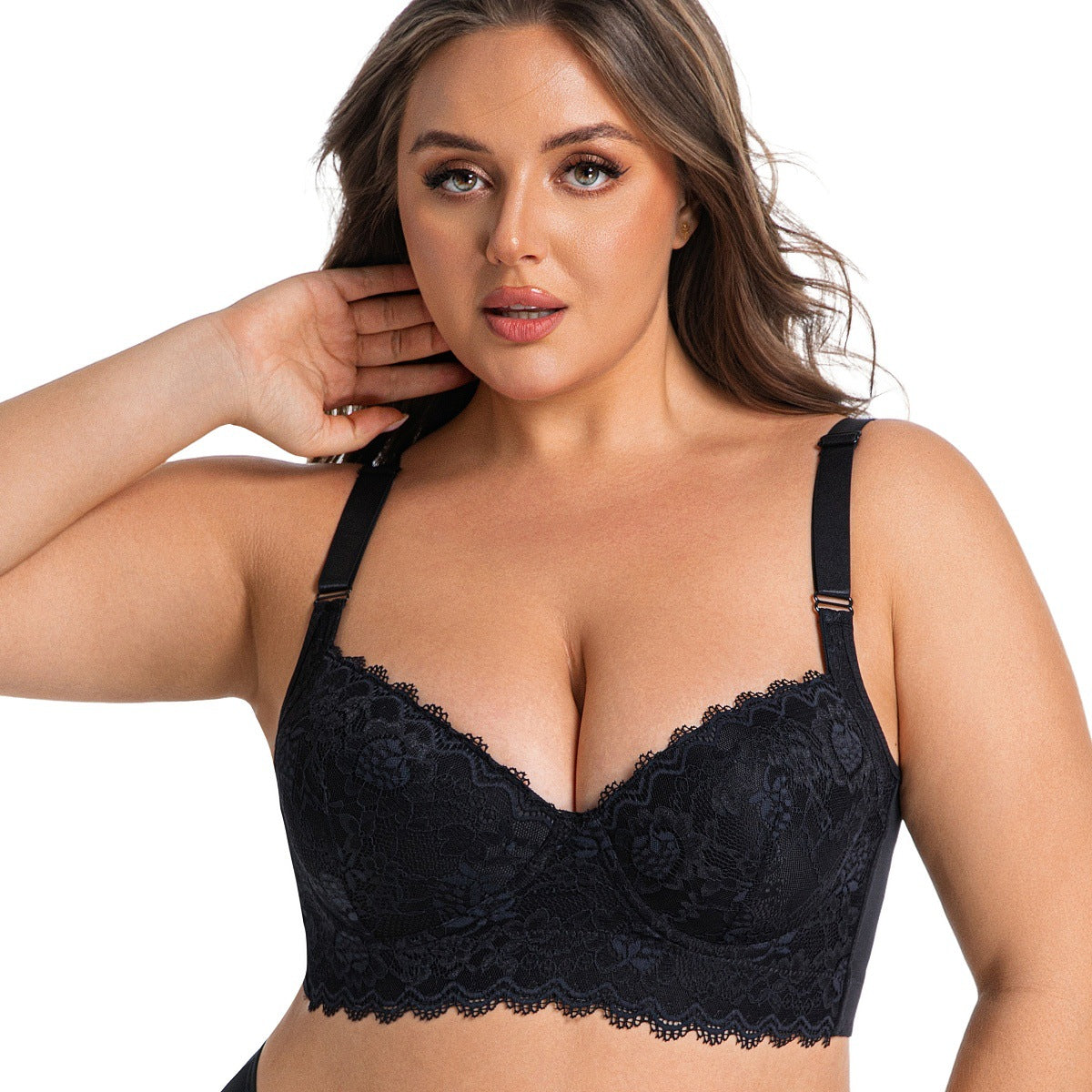Soutien-gorge sans coutures en dentelle pour femme avec armatures, push-up, maintien latéral, anti-affaissement, décolleté plongeant, grande taille