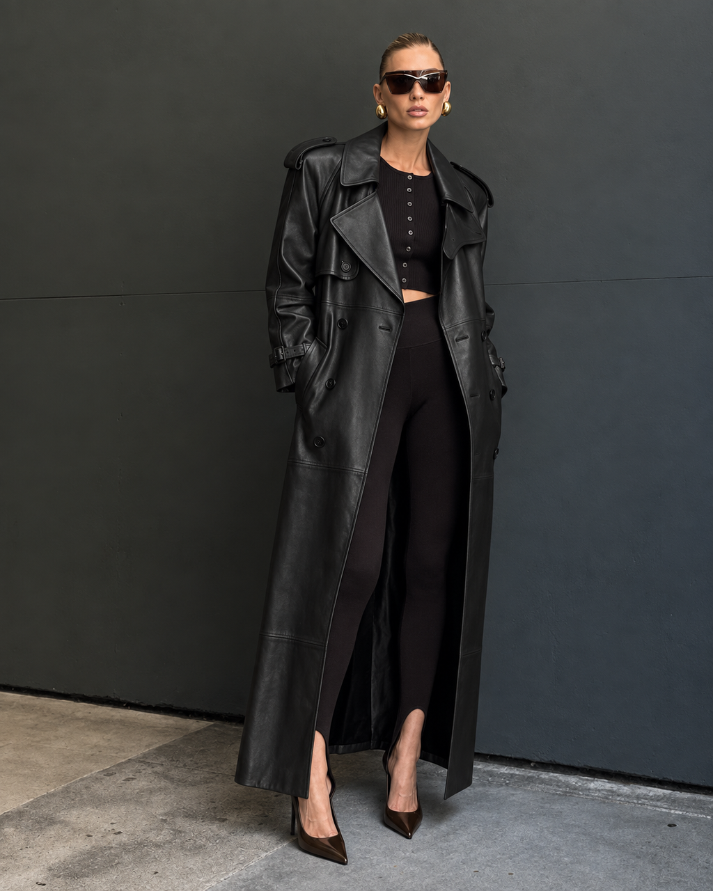 X-Long Belted Faux Leather Trench Coat