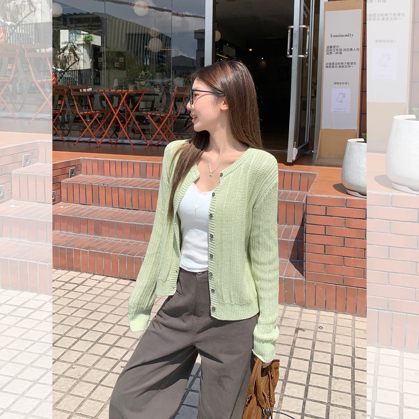 Light-Green Crew-Neck Cardigan