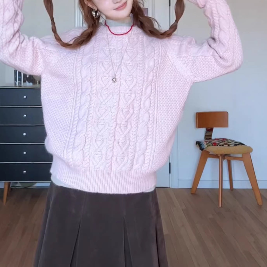 Suéter de punto trenzado rosa anudado para mujer, estilo holgado y grueso