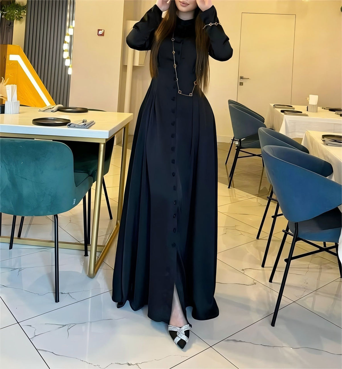 Buttoned-Waist Long-Sleeve Maxi Dress — product image 3