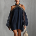 Robe bustier brodée avec manches bouffantes transparentes et décolleté, style décontracté amincissant