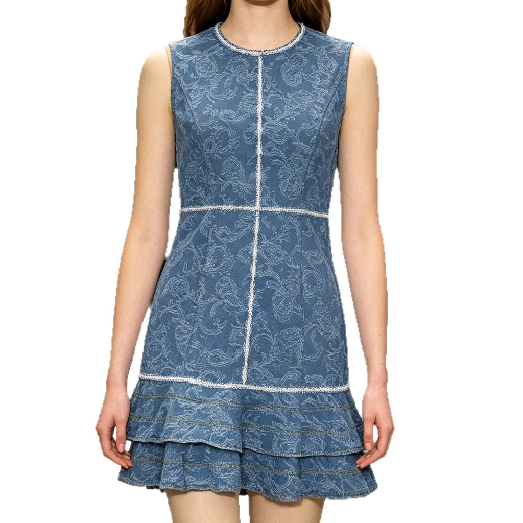 Robe en jean sans manches bleue à motifs blanc et bleu