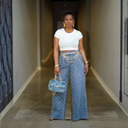 Jean droit taille haute en jacquard quadrillé délavé