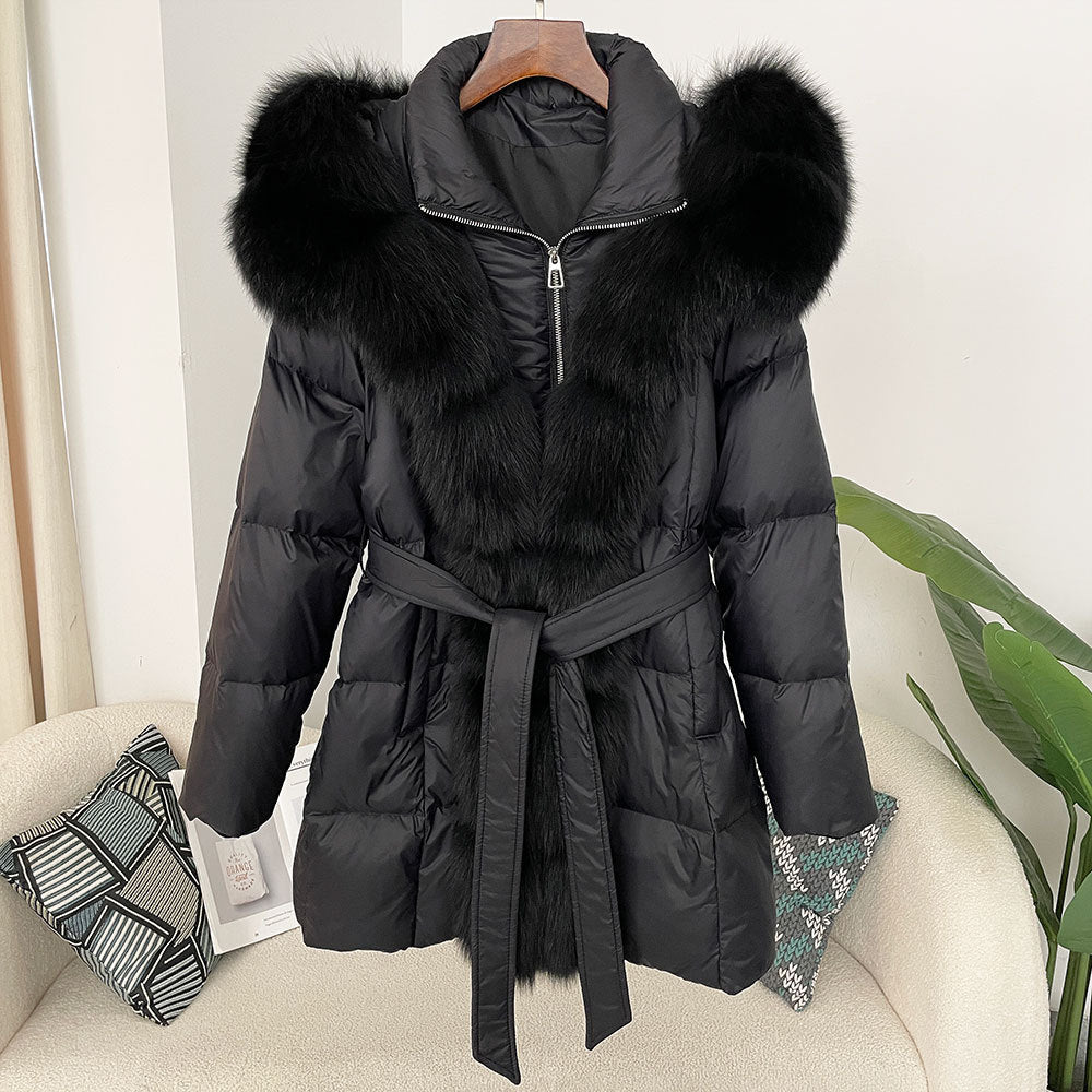 Hooded Down Jacket with Fox Fur Collar - view 18