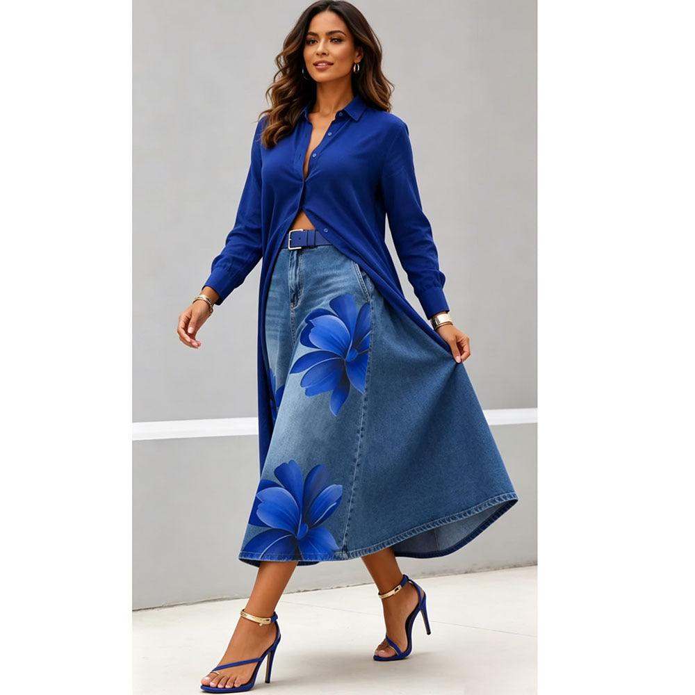 Floral Washed-Denim Midi Skirt — product image 6