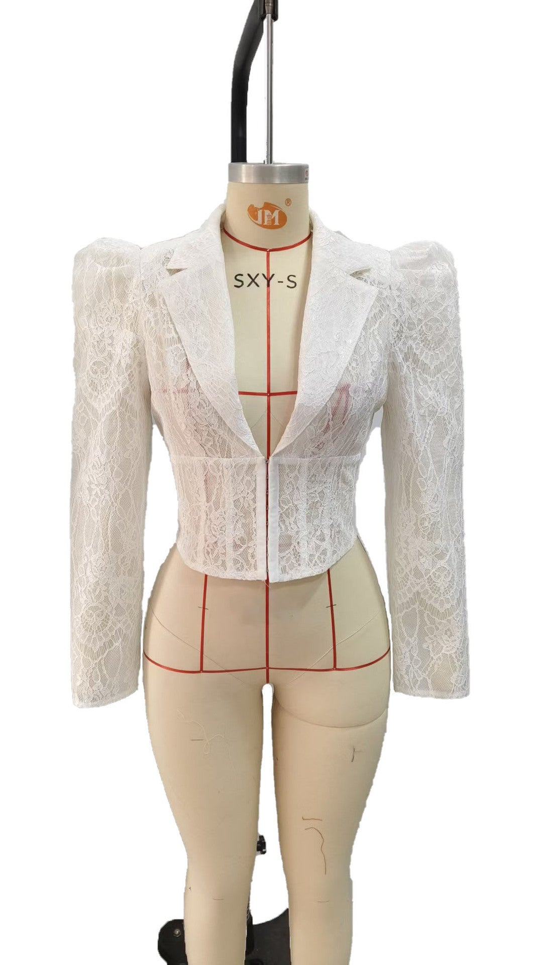 Lace Cinched-Waist Puff-Sleeve Blouse