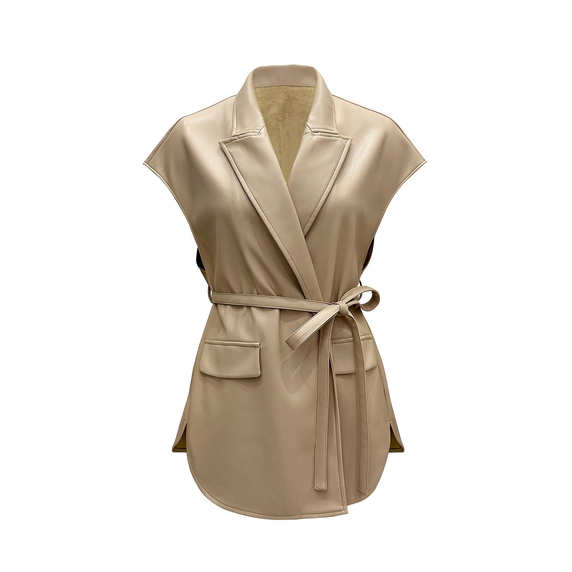 Gilet sans manches en similicuir pour femme, avec col tailleur et ceinture