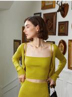 Three-Piece Knit Set: Cami, Cardigan & Skirt